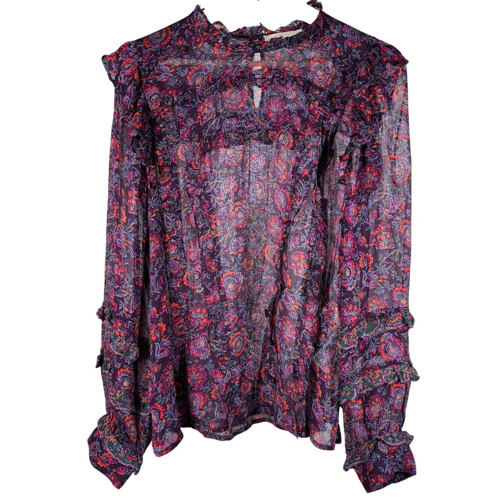 Cleobella x Revolve Fiorella Blouse Purple Paisley Floral Ruffle Long Sleeve L - Picture 2 of 15
